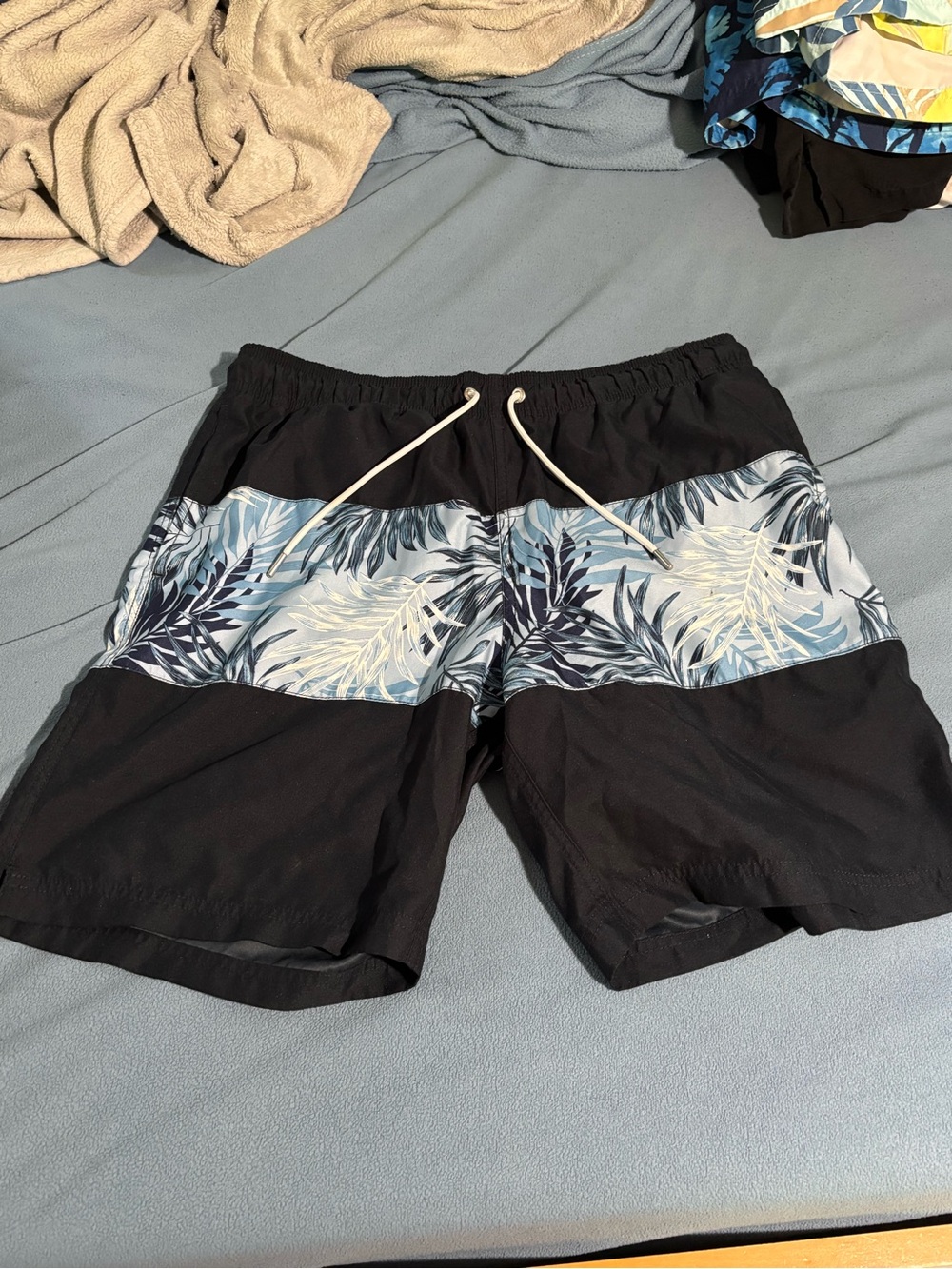 Lands' End Black Swim Board Shorts with Blue Tropical Stripe
